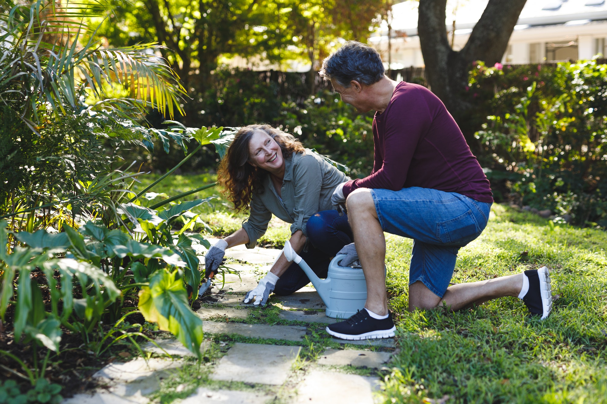 Happy senior caucasian couple gardening together in sunny garden